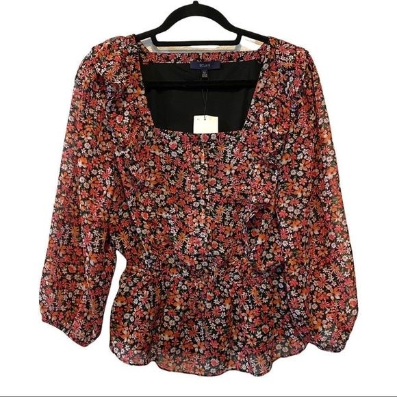 NWT Eclair cinched waist floral square neck flowy bohemian peasant blouse top M - Picture 6 of 9